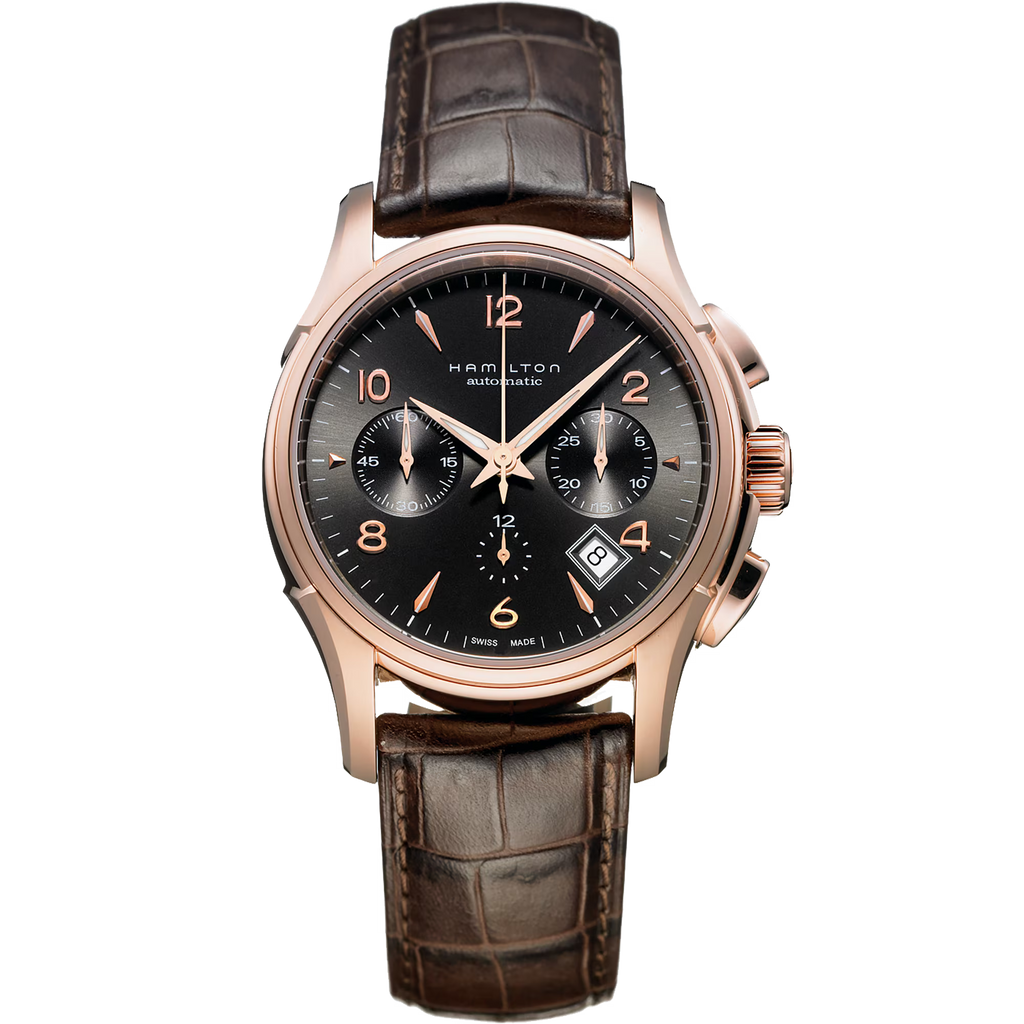 Orologio cronografo automatico con cassa rosé, quadrante scuro e cinturino in pelle marrone