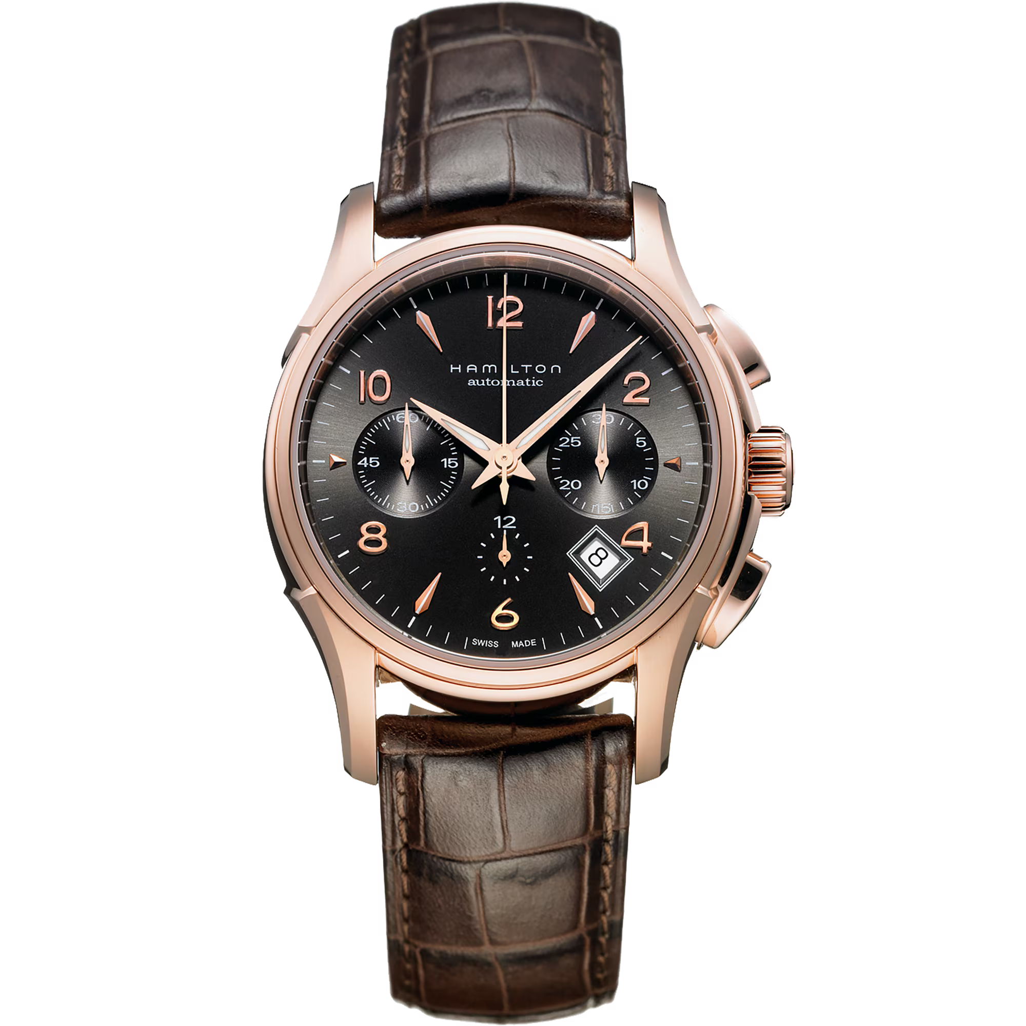 Orologio cronografo automatico con cassa rosé, quadrante scuro e cinturino in pelle marrone
