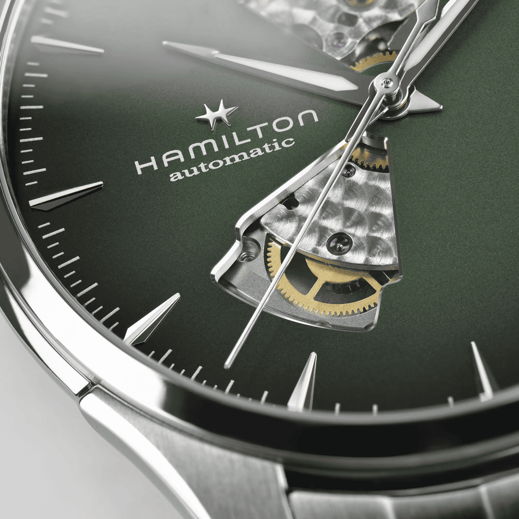 Orologio automatico cassa acciaio, quadrante verde e meccanismo a vista