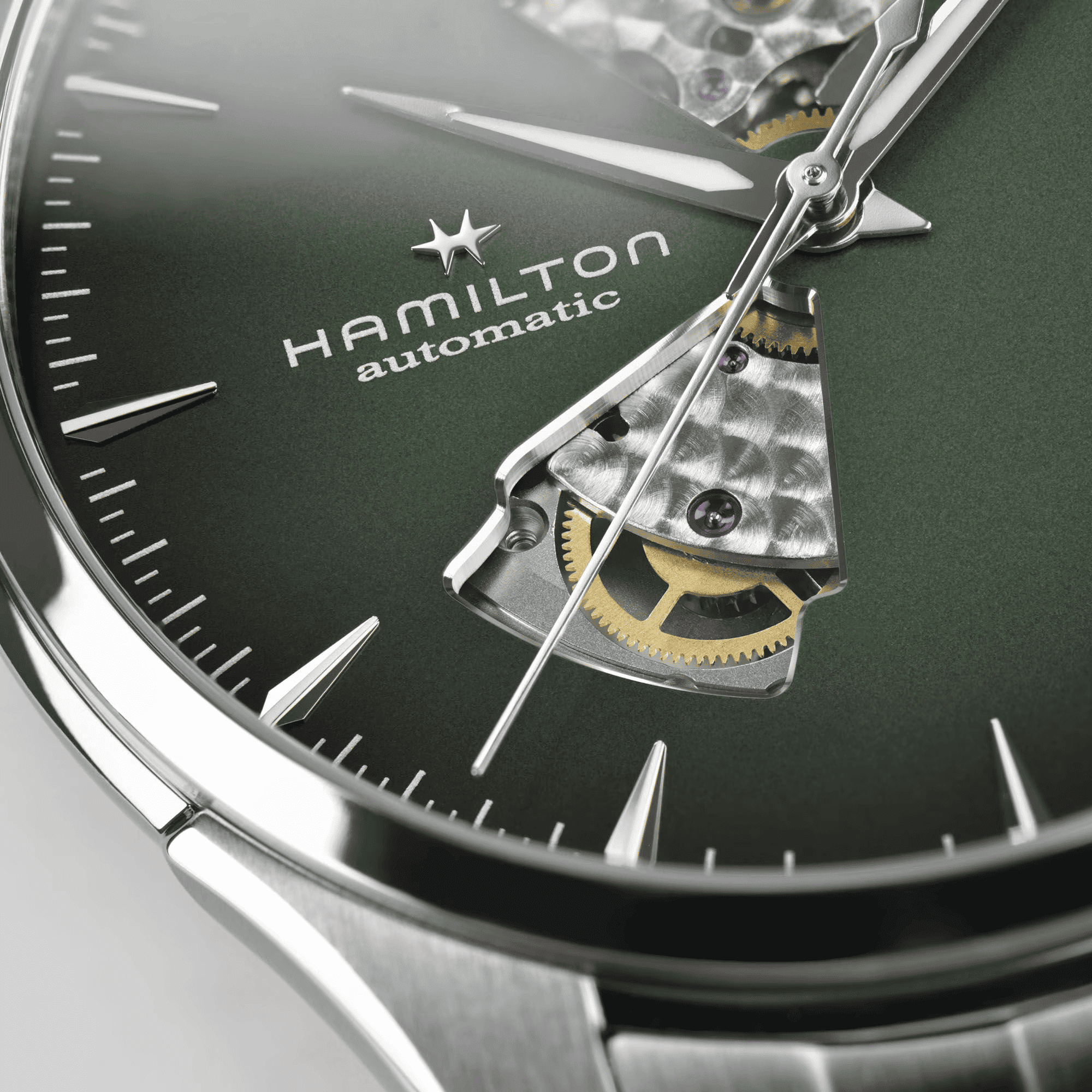 Orologio automatico cassa acciaio, quadrante verde e meccanismo a vista