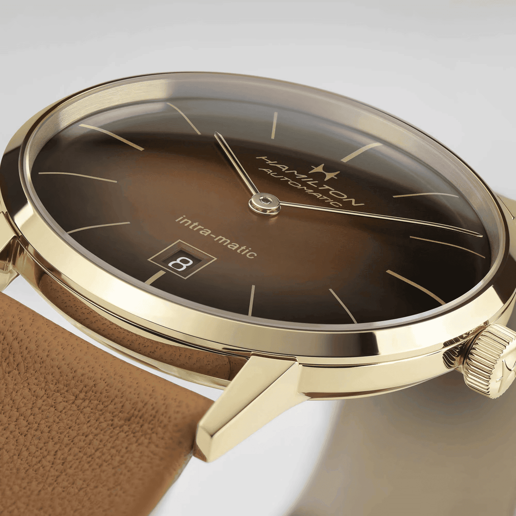 Orologio automatico con cassa oro PVD e quadrante marrone, cinturino in pelle marrone