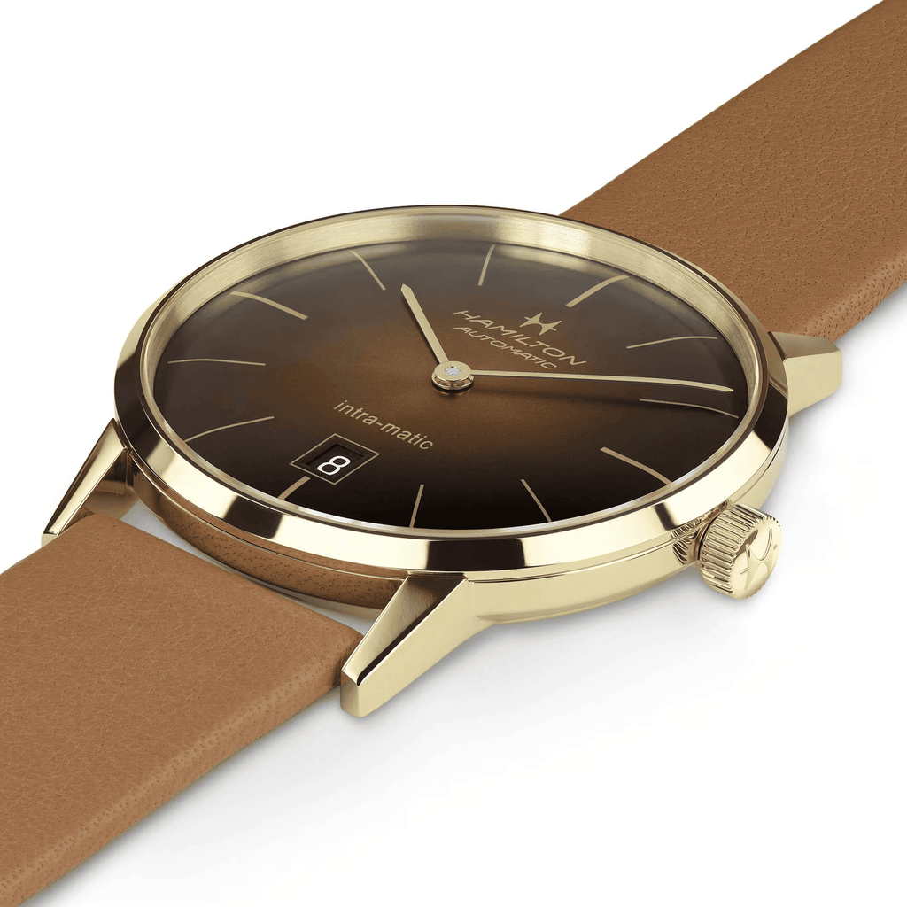 Orologio automatico con cassa oro PVD e quadrante marrone, cinturino in pelle marrone
