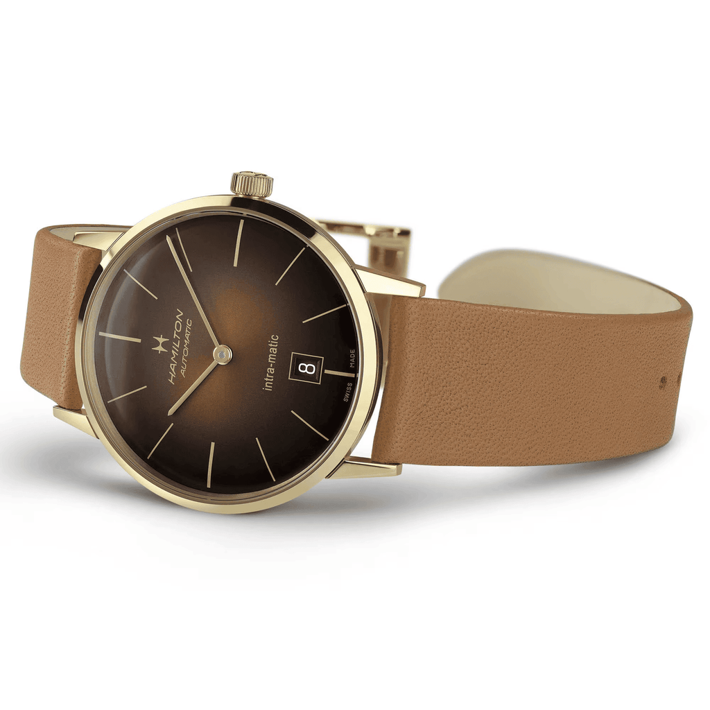 Orologio automatico con cassa oro PVD, quadrante marrone e cinturino in pelle marrone