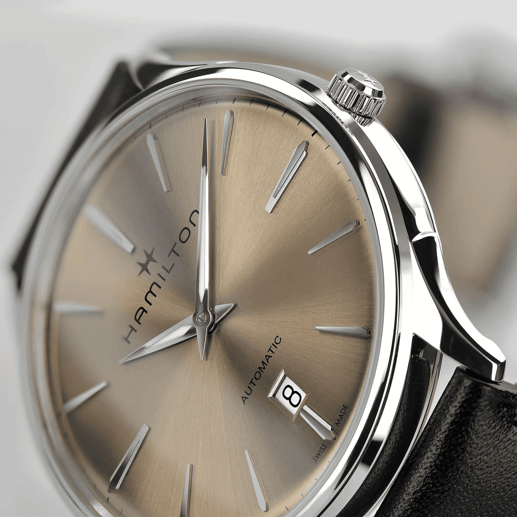 Orologio da polso Hamilton Jazzmaster sottile, quadrante champagne, cinturino in pelle nera