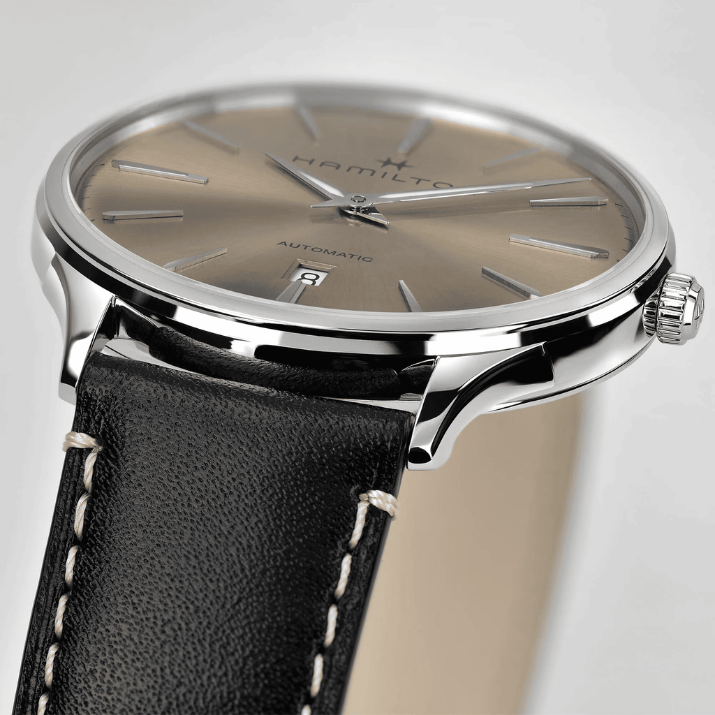 Orologio Hamilton Jazzmaster 40 mm, cassa ultra sottile, quadrante champagne, pelle nera