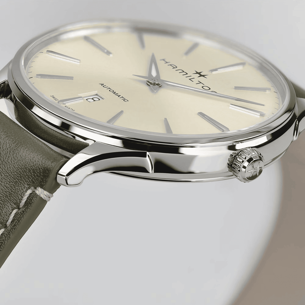 Orologio automatico con quadrante avorio e cinturino in pelle verde oliva, cassa lucida