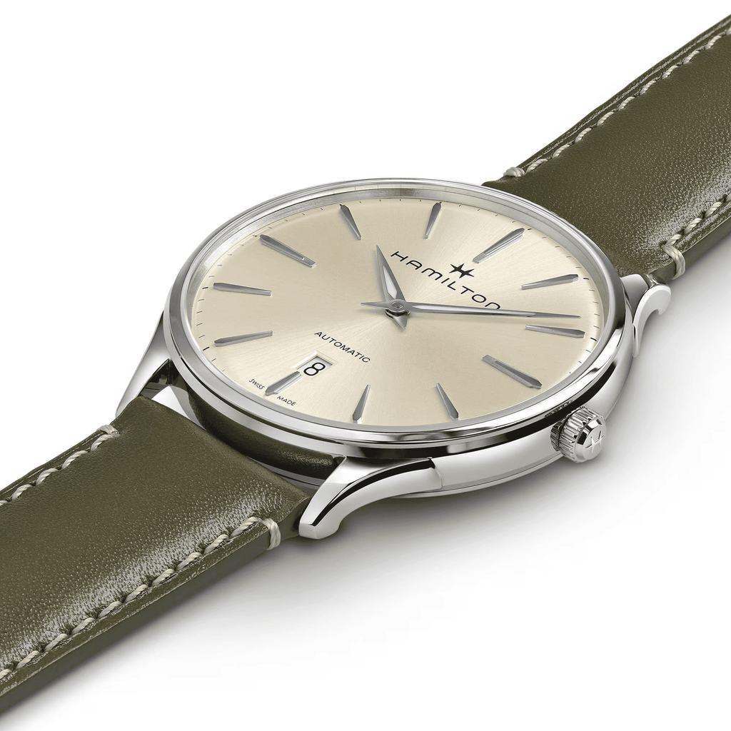 Orologio automatico con quadrante avorio, cassa d’acciaio e cinturino in pelle verde oliva