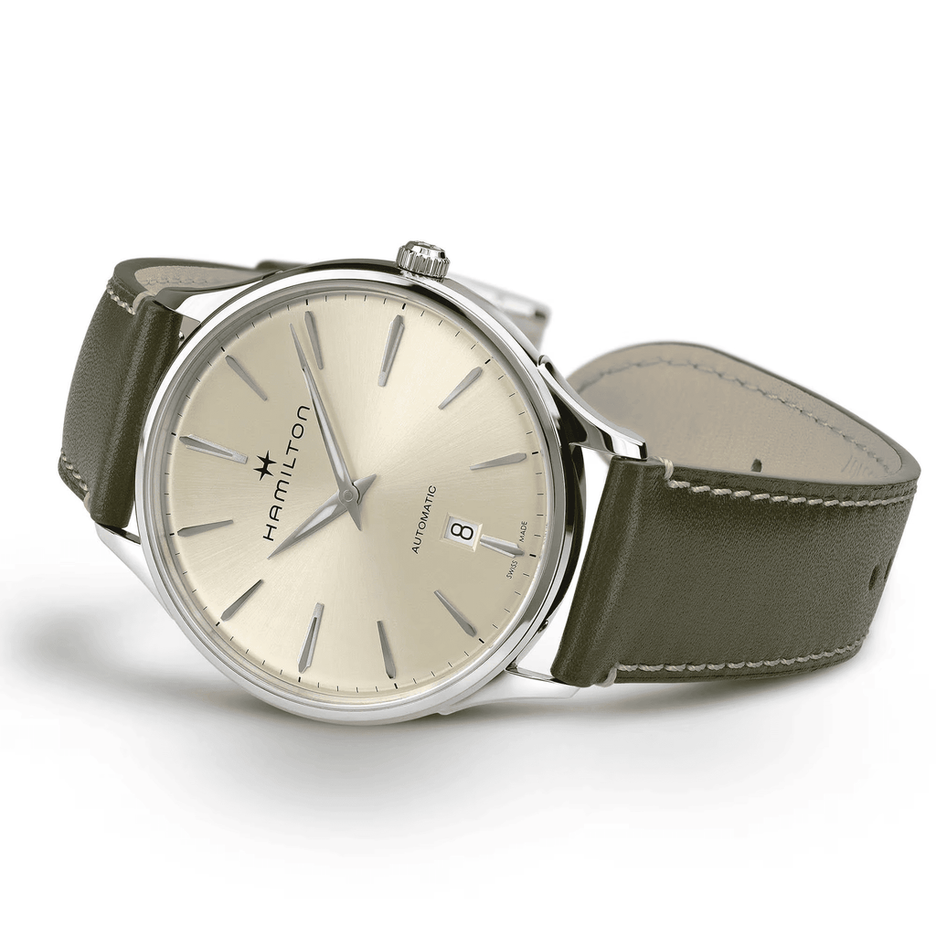 Orologio Hamilton automatico: quadrante avorio, cassa argento, cinturino verde oliva.