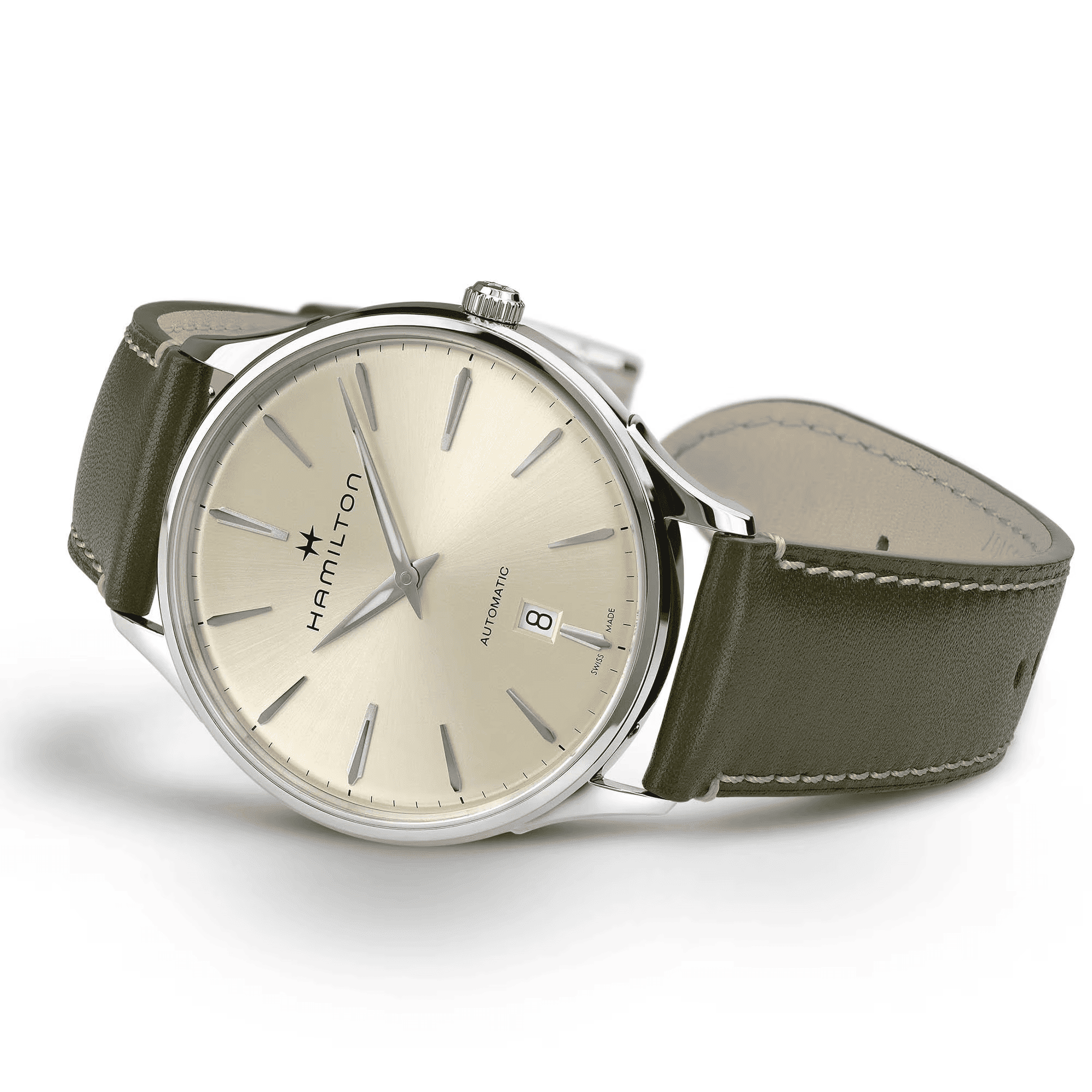 Orologio Hamilton automatico: quadrante avorio, cassa argento, cinturino verde oliva.