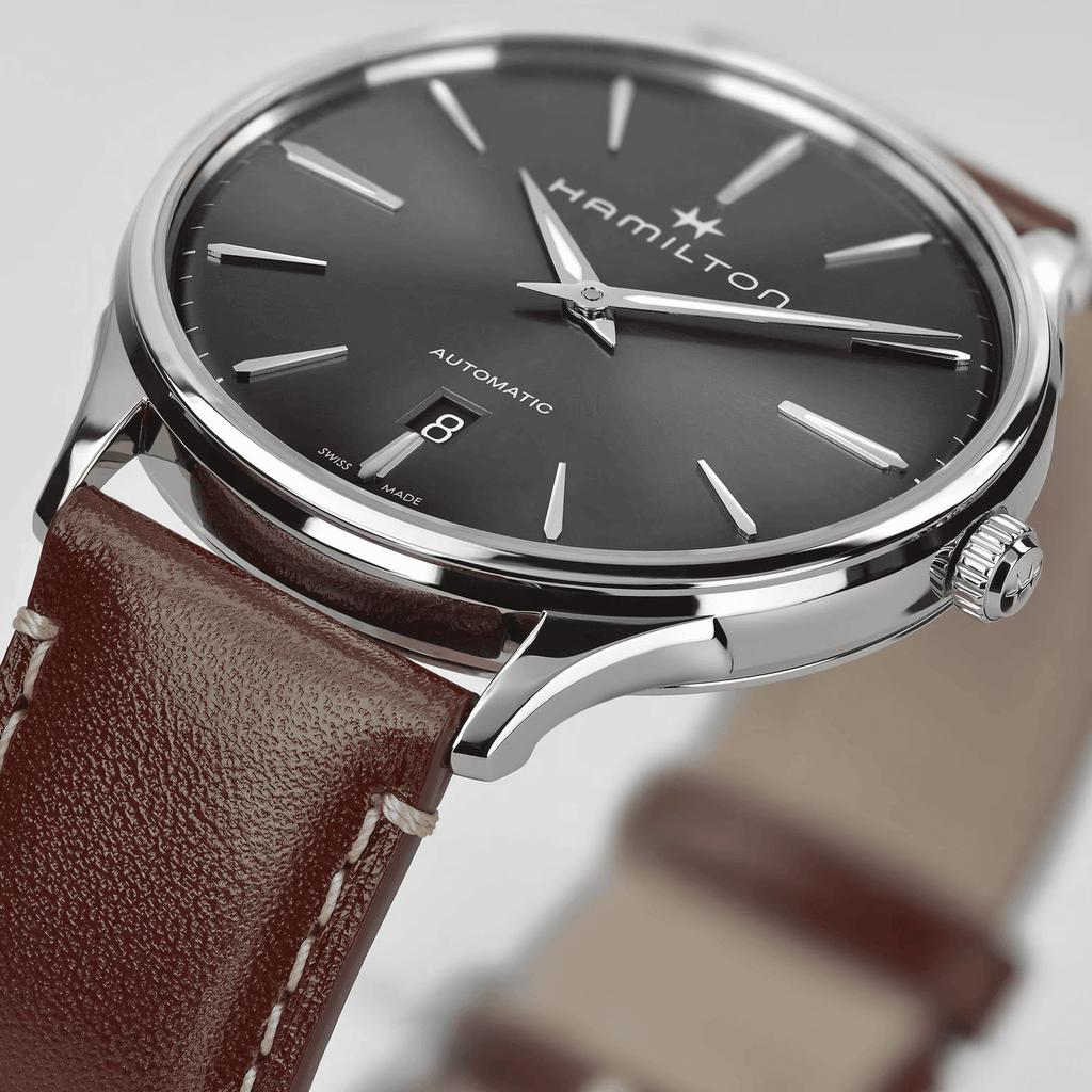 Orologio automatico con quadrante grigio scuro e cinturino in pelle marrone