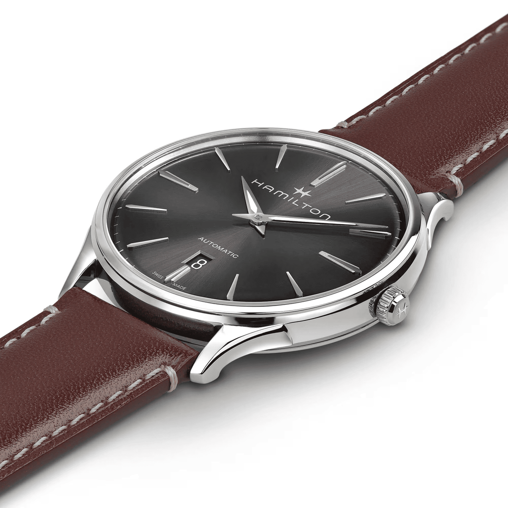 Orologio automatico con cassa in acciaio, quadrante grigio e cinturino marrone