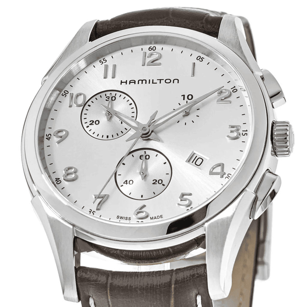 Orologio cronografo con quadrante bianco, contatori rotondi e pulsanti laterali.