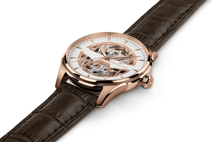 Orologio Hamilton Jazzmaster con cuore a vista e cinturino in pelle marrone
