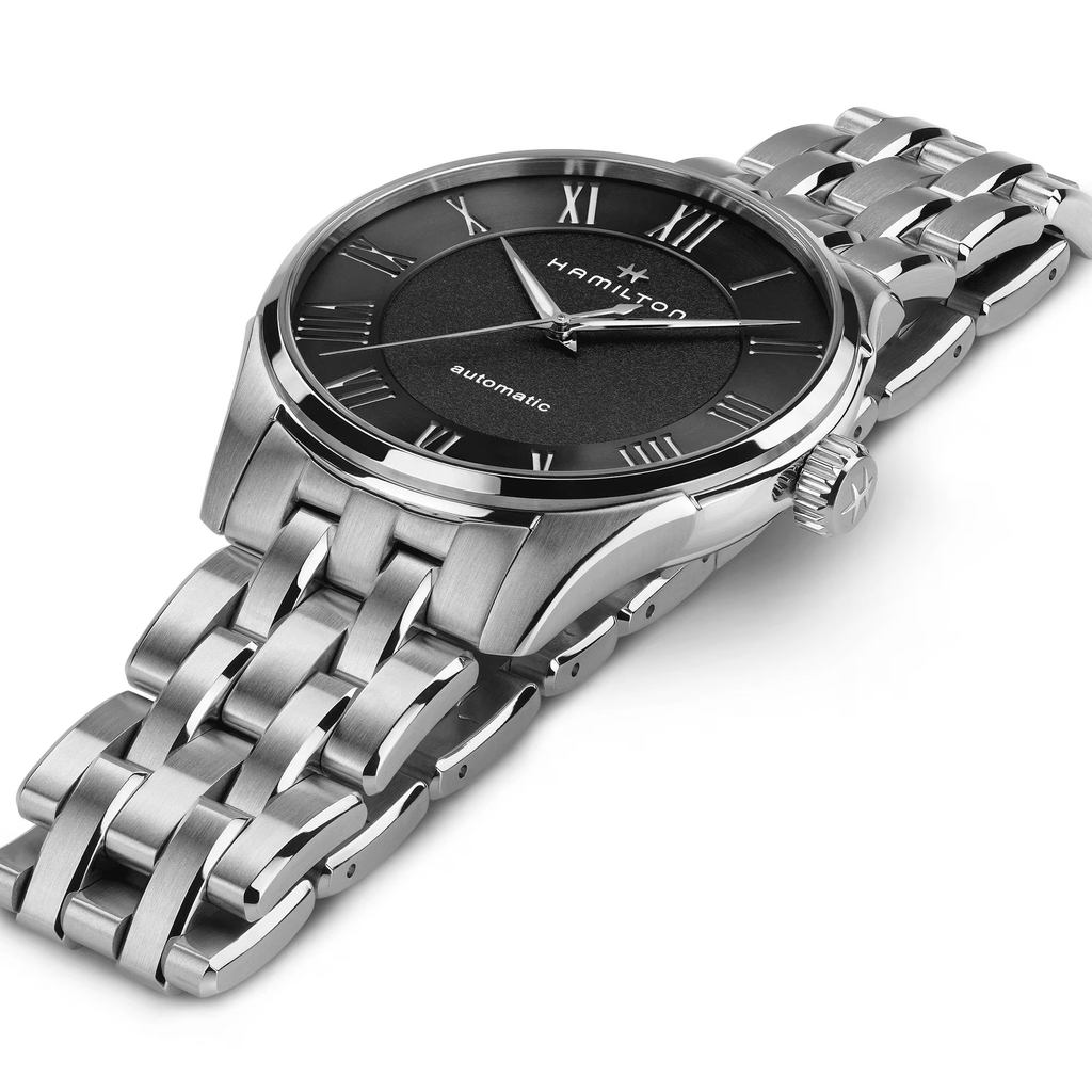 Orologio Hamilton Jazzmaster automatico con quadrante nero e bracciale d’acciaio argentato