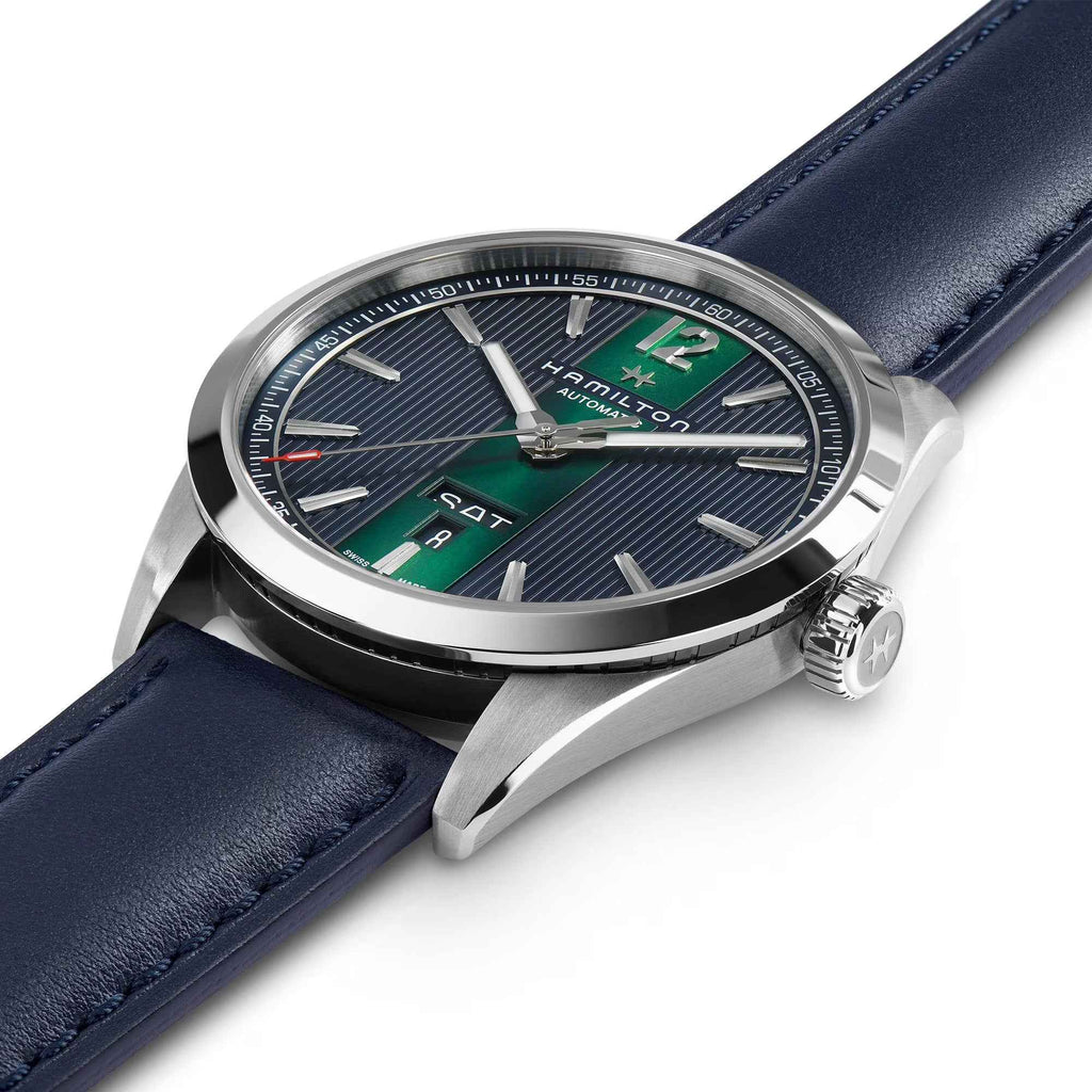 Orologio automatico Hamilton con quadrante blu e cinturino in pelle blu scuro