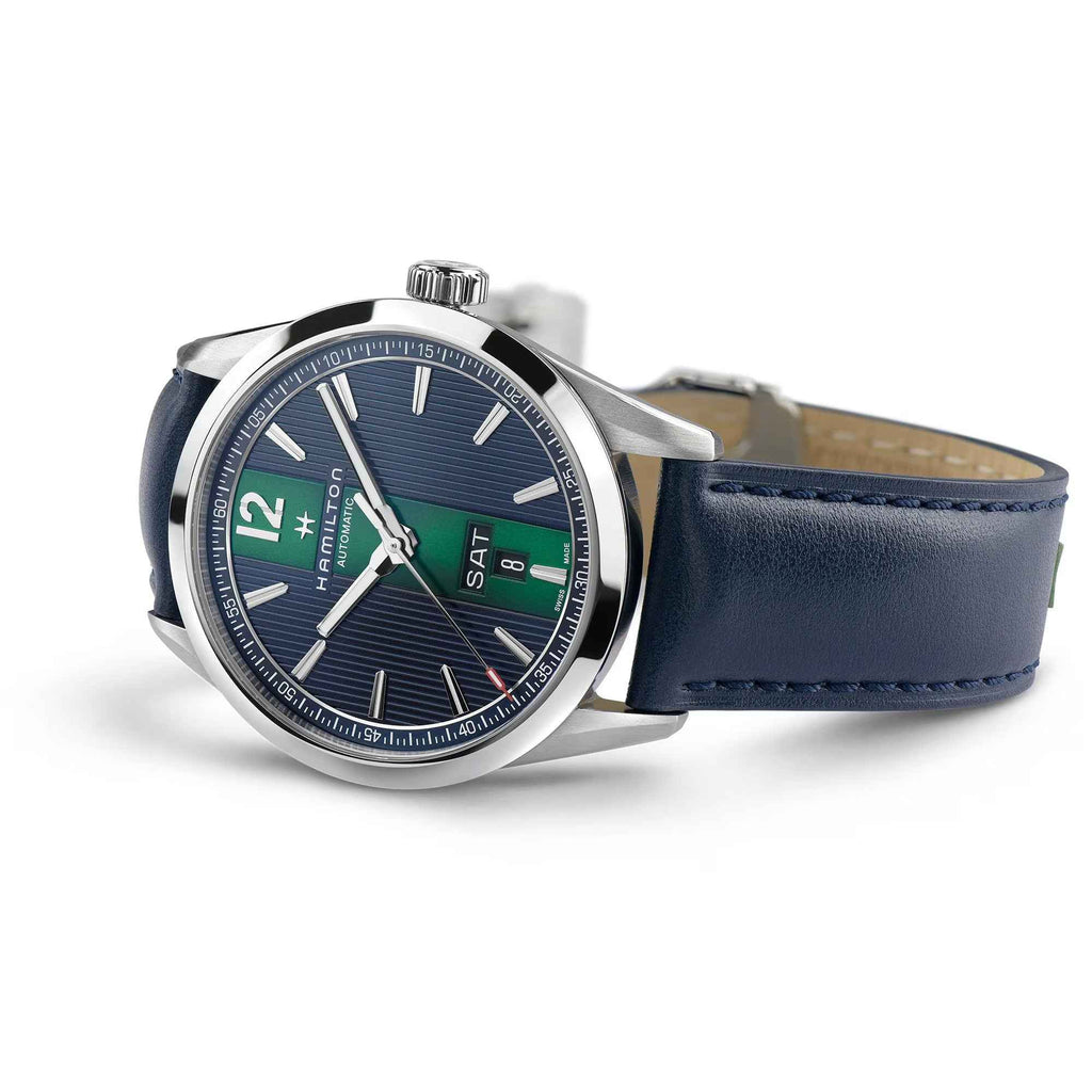 Orologio automatico con cassa in acciaio e quadrante blu, cinturino in pelle blu