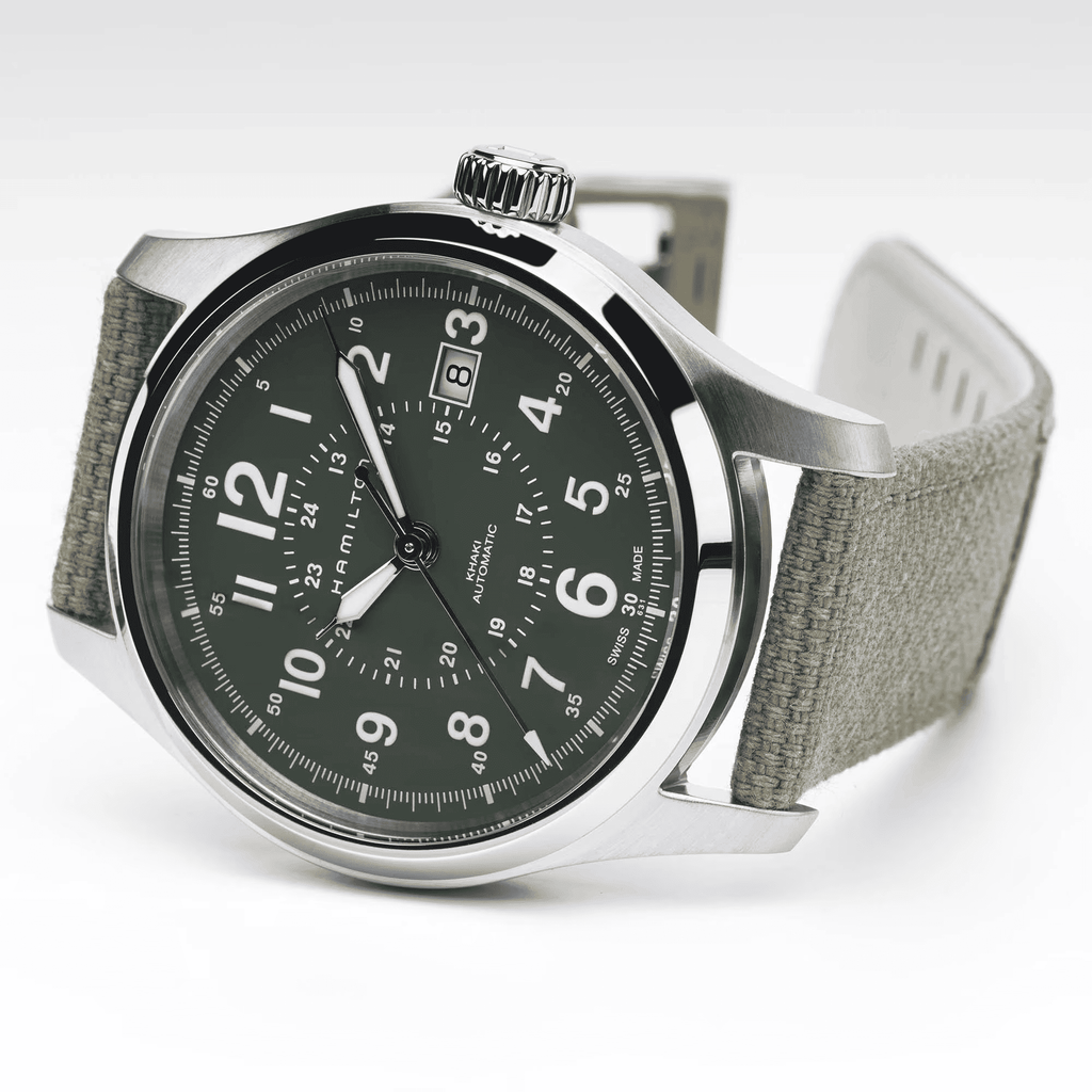 Orologio automatico militare con quadrante verde scuro e cinturino in tessuto verde oliva