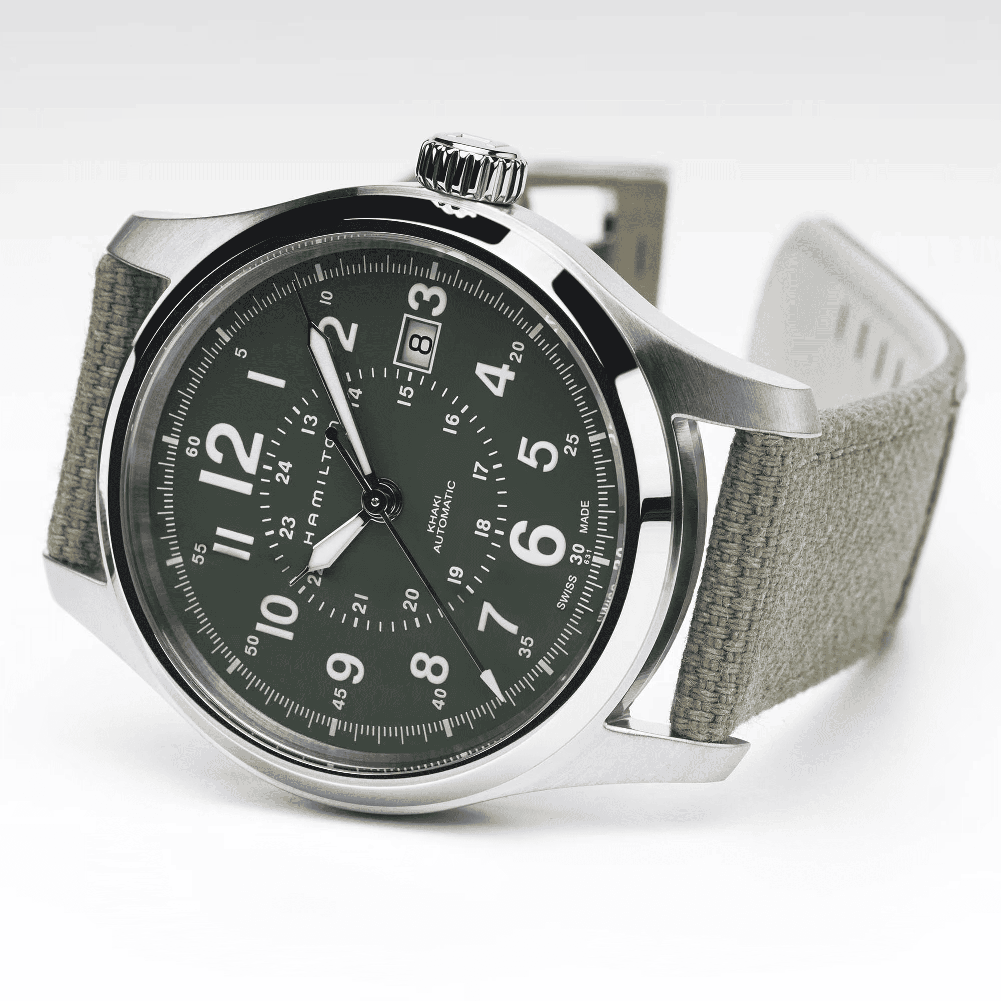 Orologio automatico militare con quadrante verde scuro e cinturino in tessuto verde oliva