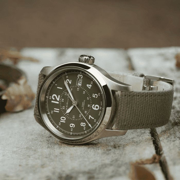 Orologio automatico 42 mm con cinturino verde oliva in tessuto e quadrante verde scuro