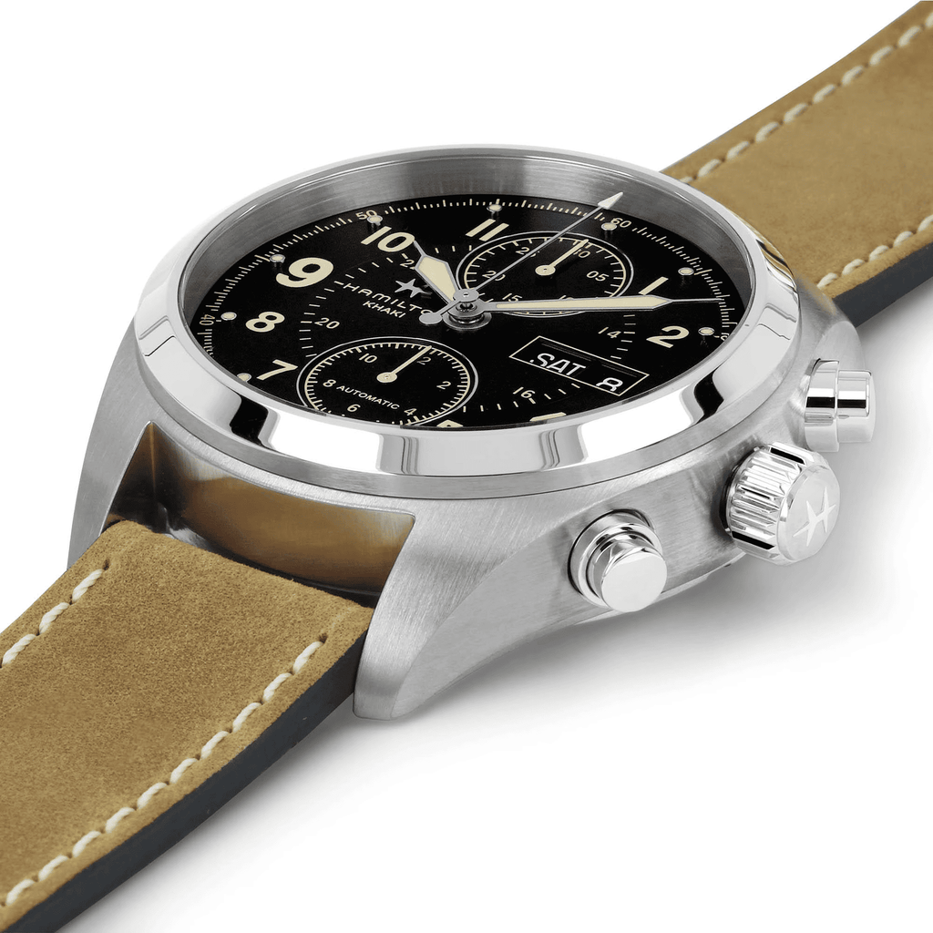 Orologio con cassa in acciaio e corona a vite, cinturino in pelle marrone