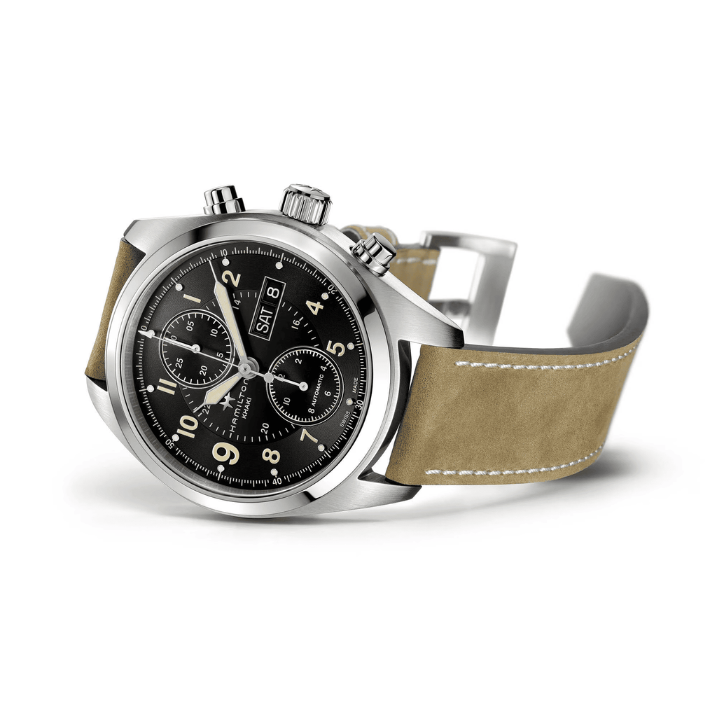Orologio automatico nero con quadrante nero e cinturino in pelle kaki, cassa d’acciaio