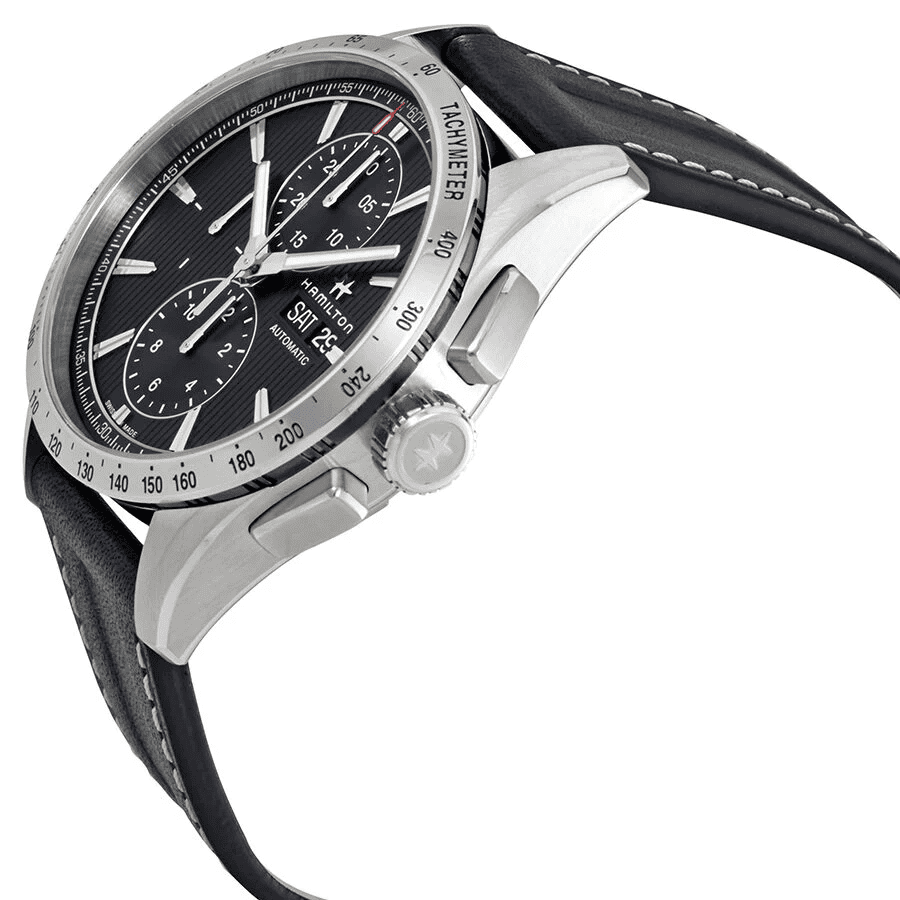 Orologio automatico con quadrante nero, cinturino in pelle e cassa d’acciaio argento
