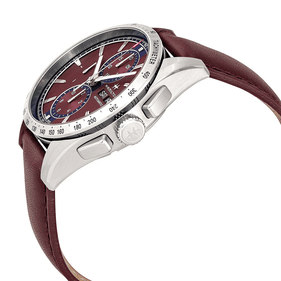 Orologio cronografo automatico con cassa in acciaio e cinturino in pelle bordeaux