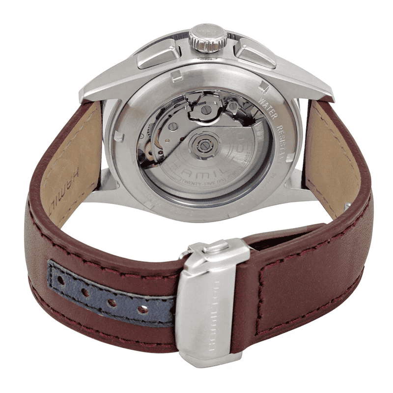 Orologio cronografo automatico, fondello e meccanismo con cinturino in pelle bordeaux
