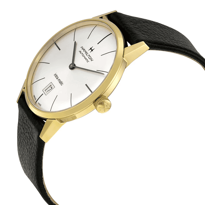 Orologio con cassa dorata, quadrante bianco e cinturino in pelle nero