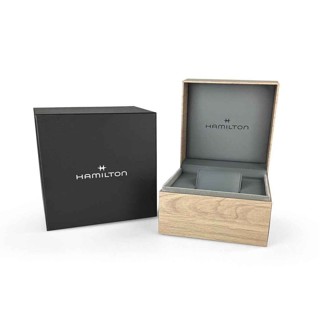 Confezione per orologio Hamilton con scatola nera e vassoio in legno aperto