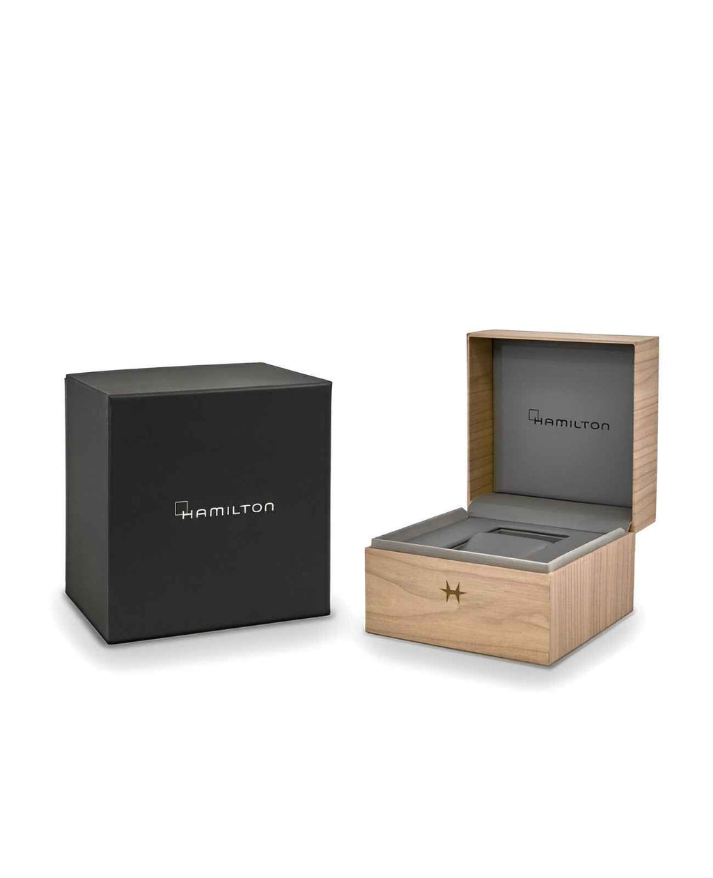 Scatola per orologio Hamilton con astuccio in legno e coperchio nero