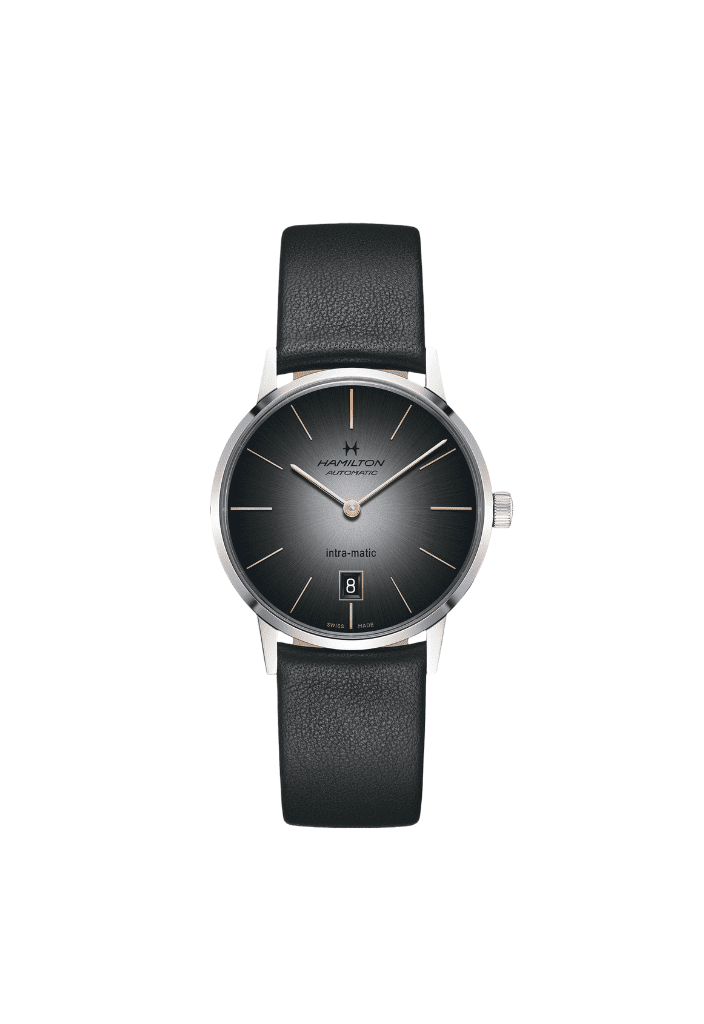 Orologio uomo Hamilton con cinturino pelle nero e quadrante grigio fumé, cassa 38 mm