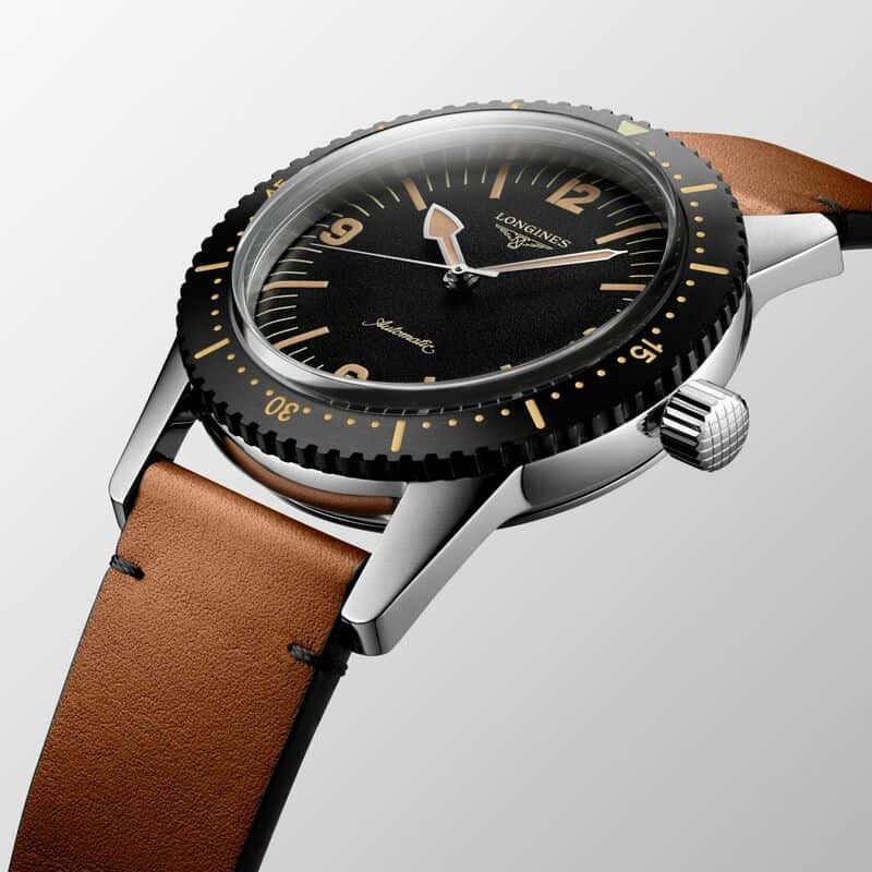 Orologio uomo Longines Skin Diver 42 mm acciaio, quadrante nero, cinturino in pelle marrone