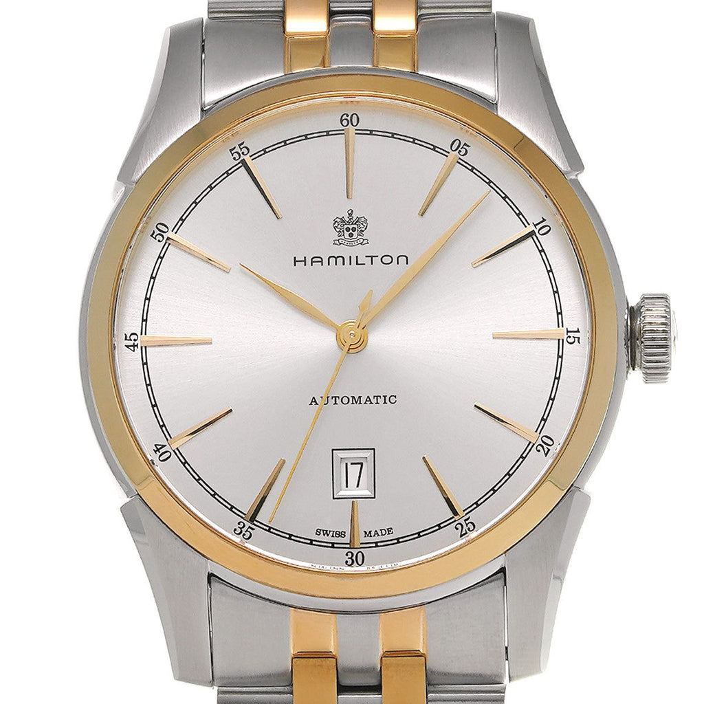 Orologio automatico con quadrante bianco, indici e lancette oro, cinturino bicolore argento/oro