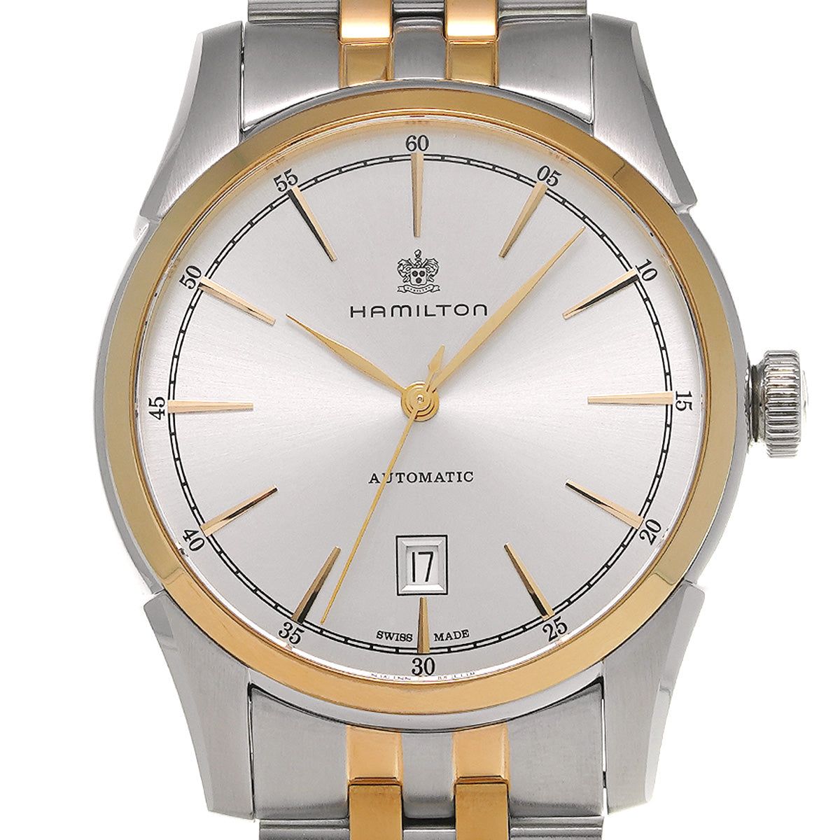 Orologio automatico con quadrante bianco, indici e lancette oro, cinturino bicolore argento/oro