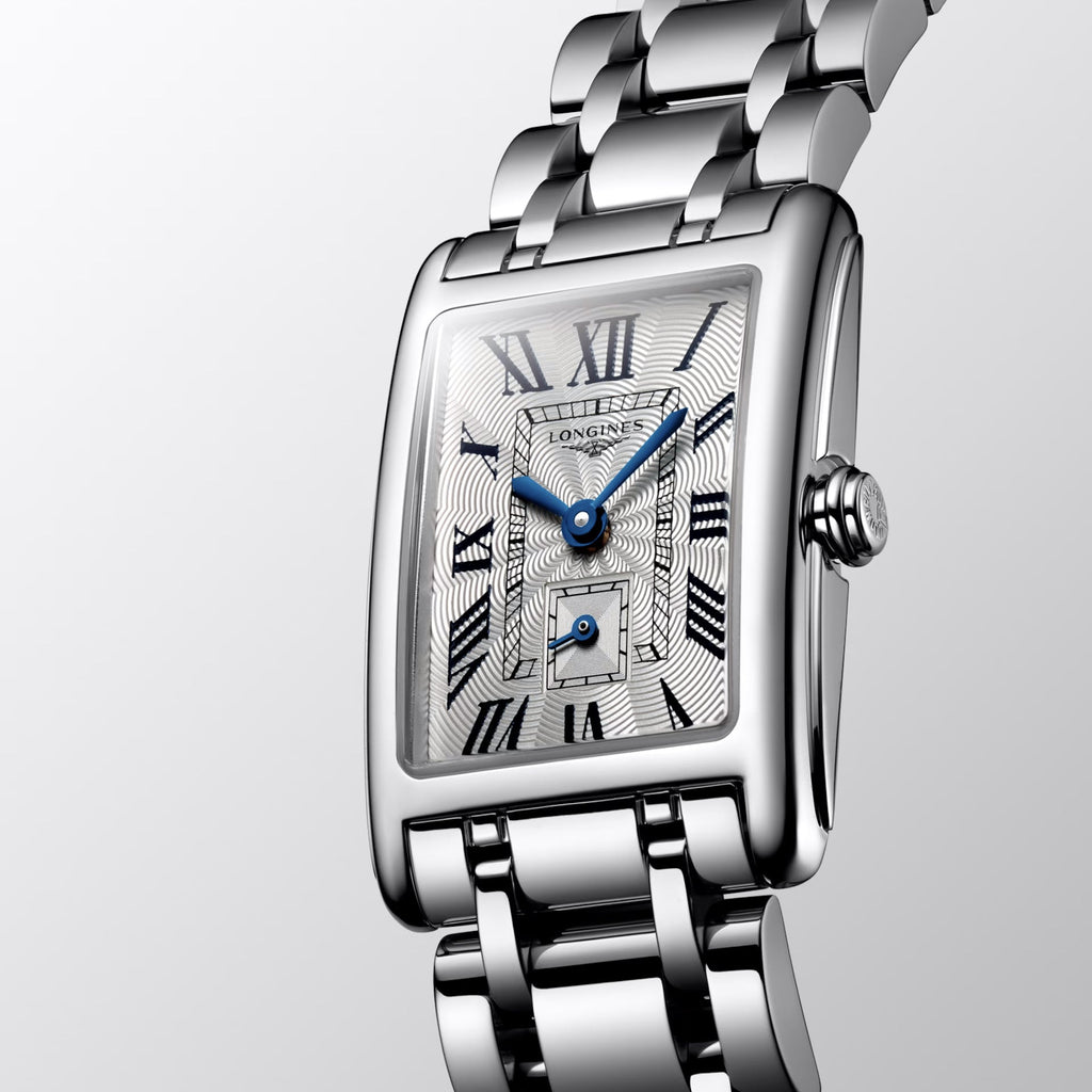 Orologio Longines DolceVita in acciaio argento, quadrante grigio con lancette blu