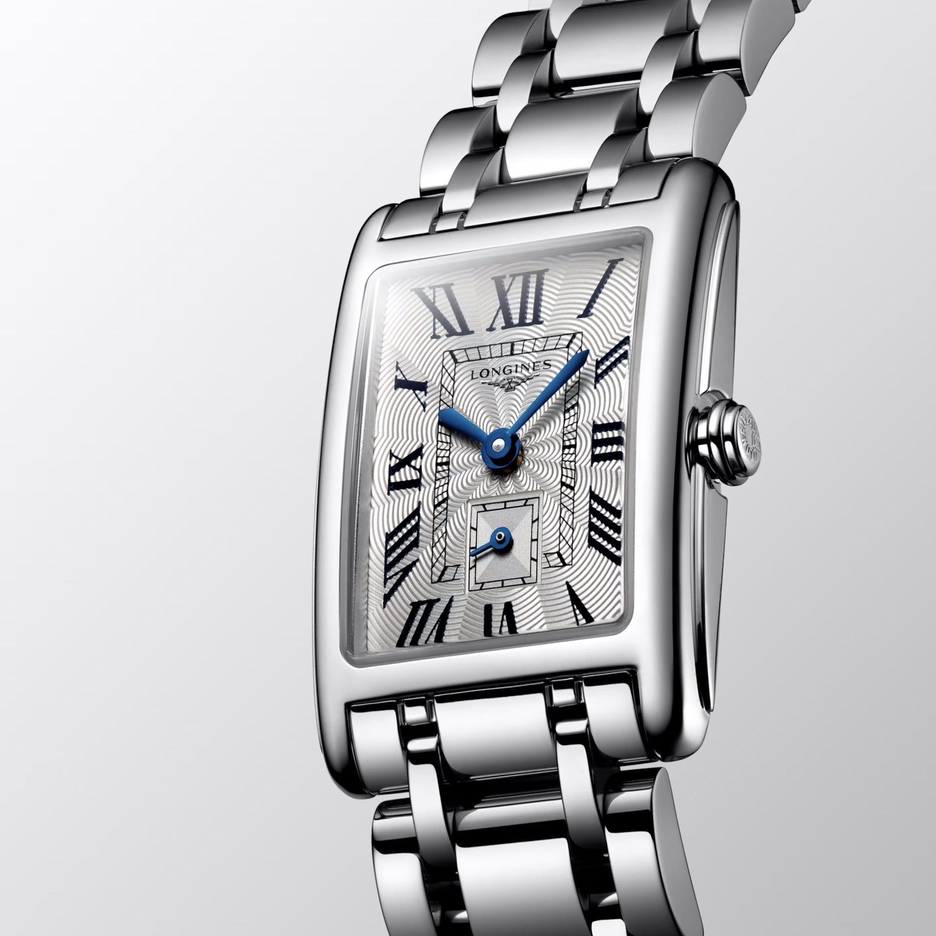 Orologio Longines DolceVita in acciaio argento, quadrante grigio con lancette blu