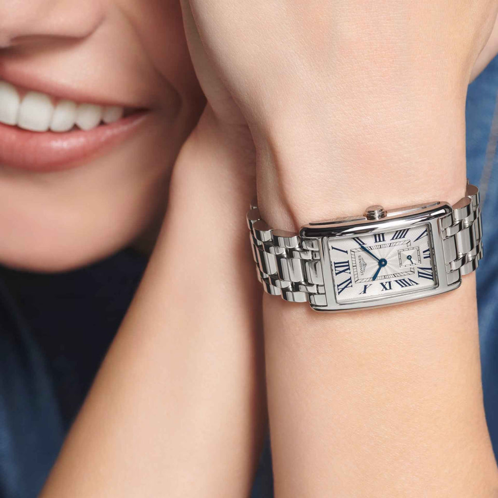 Orologio da donna rettangolare in acciaio, quadrante argento con piccoli secondi