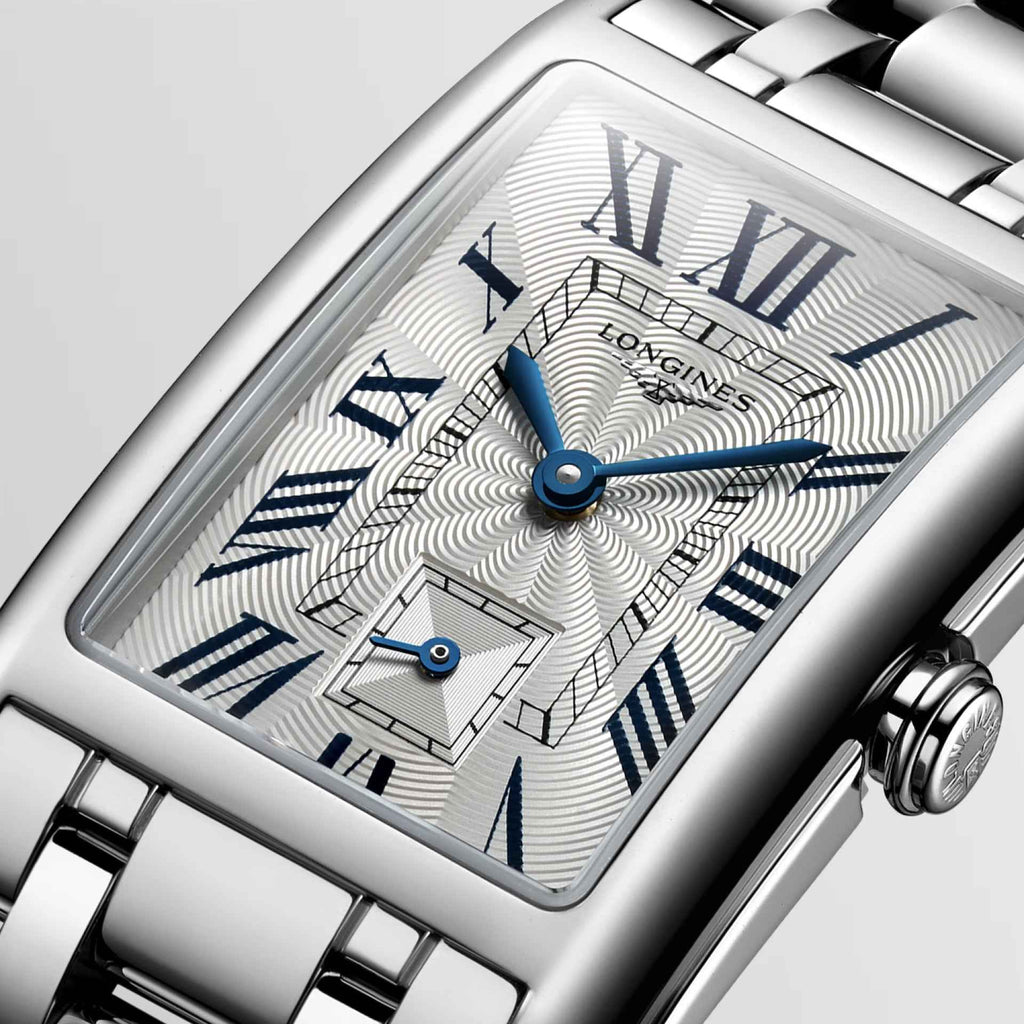 Orologio da donna rettangolare con quadrante argento motivo blu, lancette