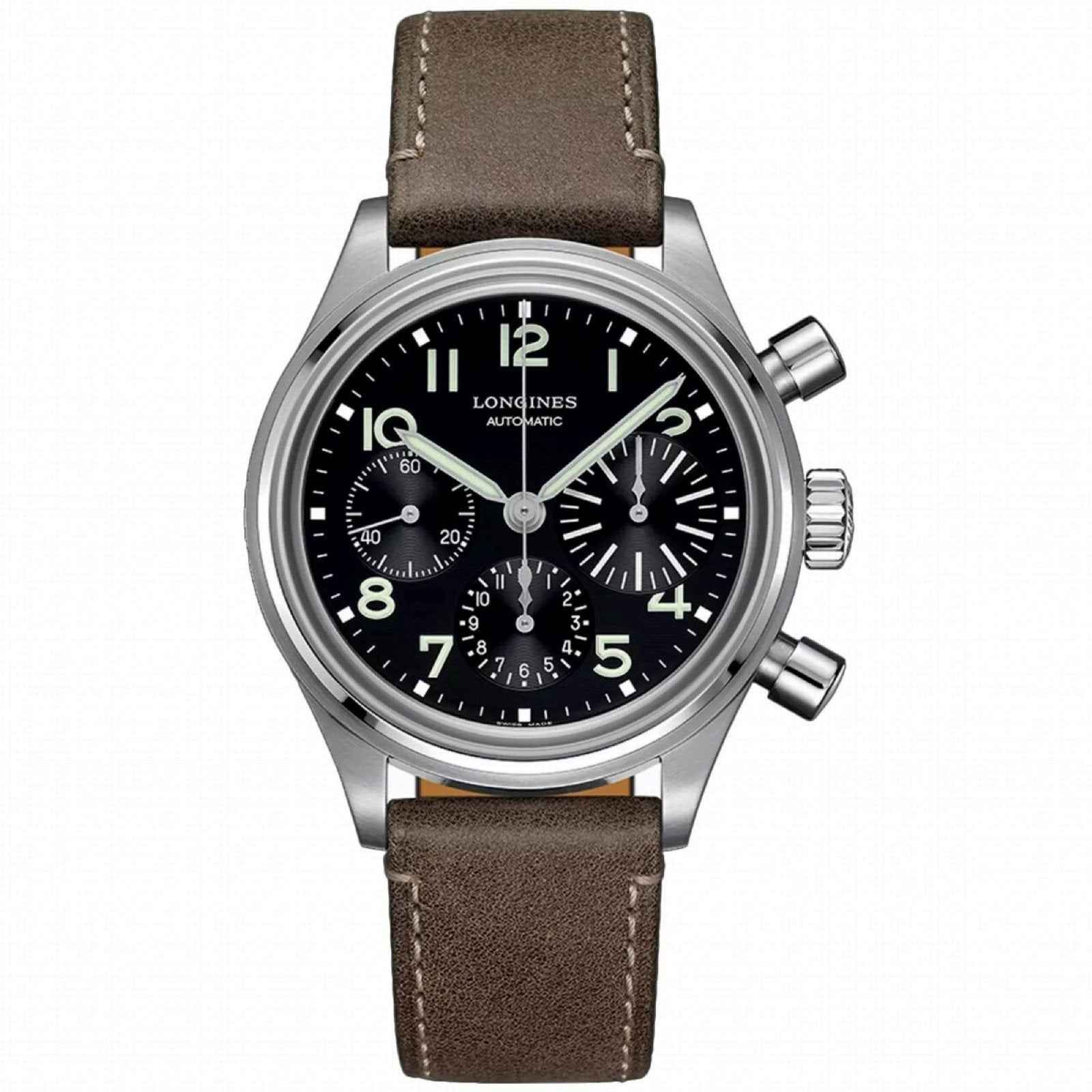 Orologio Longines BigEye automatico con quadrante nero e cinturino in pelle marrone