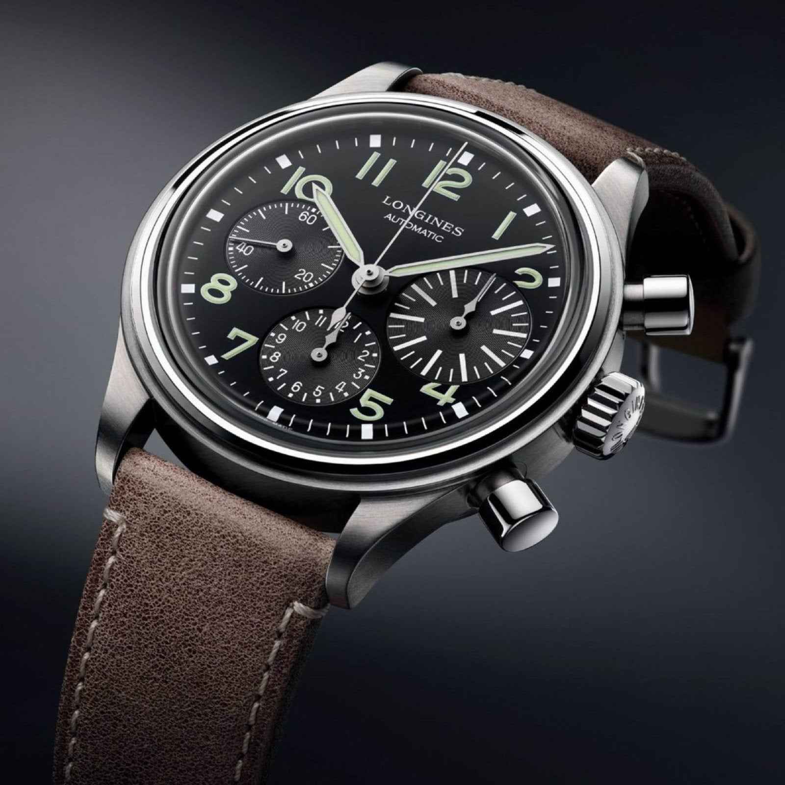 Orologio Longines BigEye con quadrante nero, cinturino in pelle marrone e cassa in acciaio