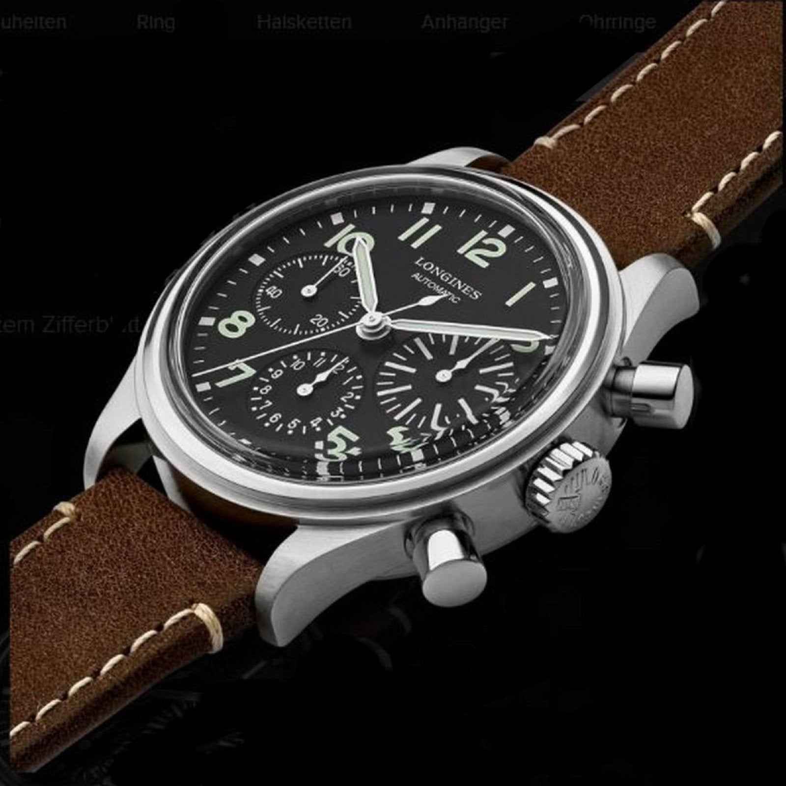 Orologio Longines BigEye con quadrante nero e cinturino in pelle marrone, dettagli pulsanti