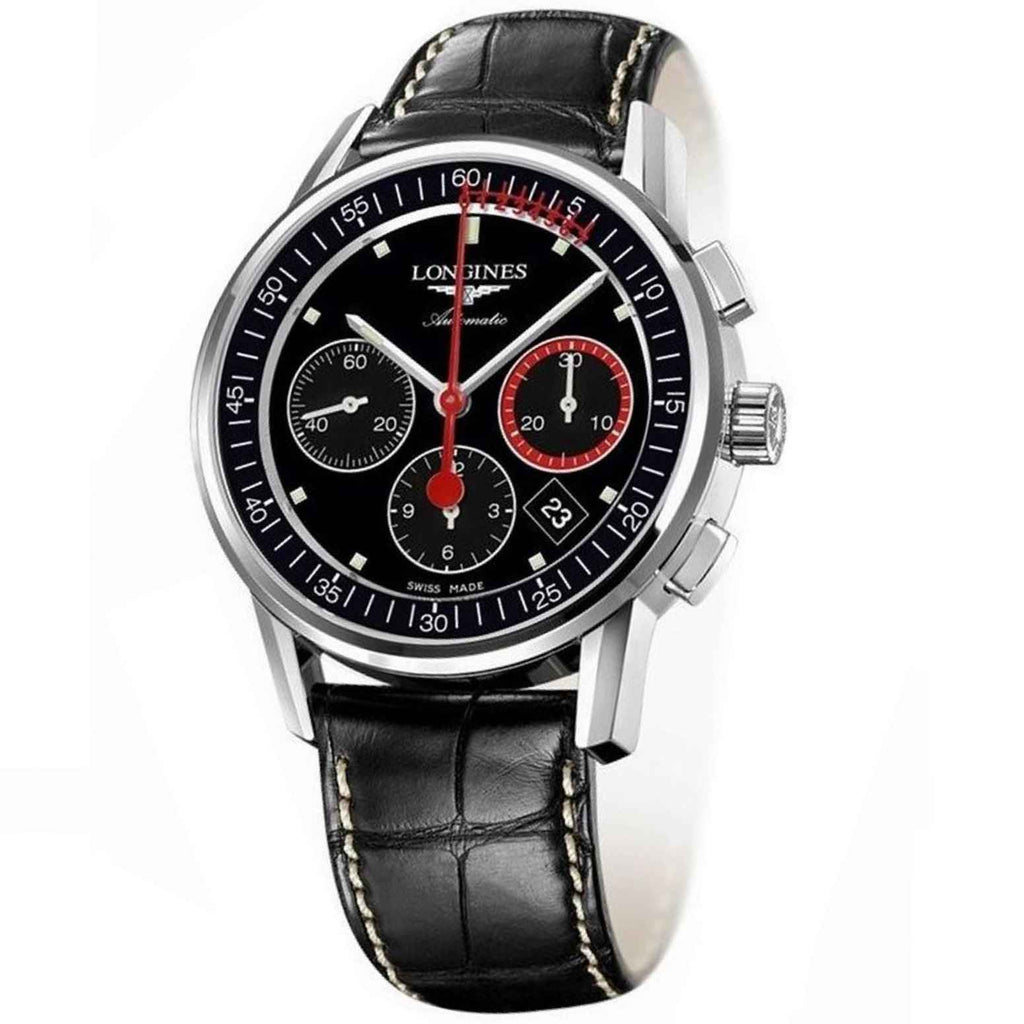 Orologio cronografo Longines con quadrante nero, subdial, dettagli rossi e cinturino in pelle nera
