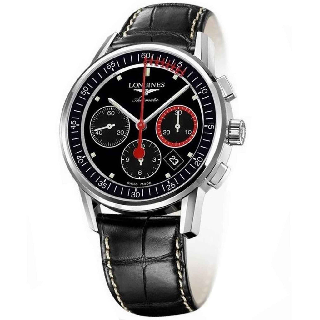 Orologio cronografo Longines con quadrante nero, due contatori e cinturino in pelle nera