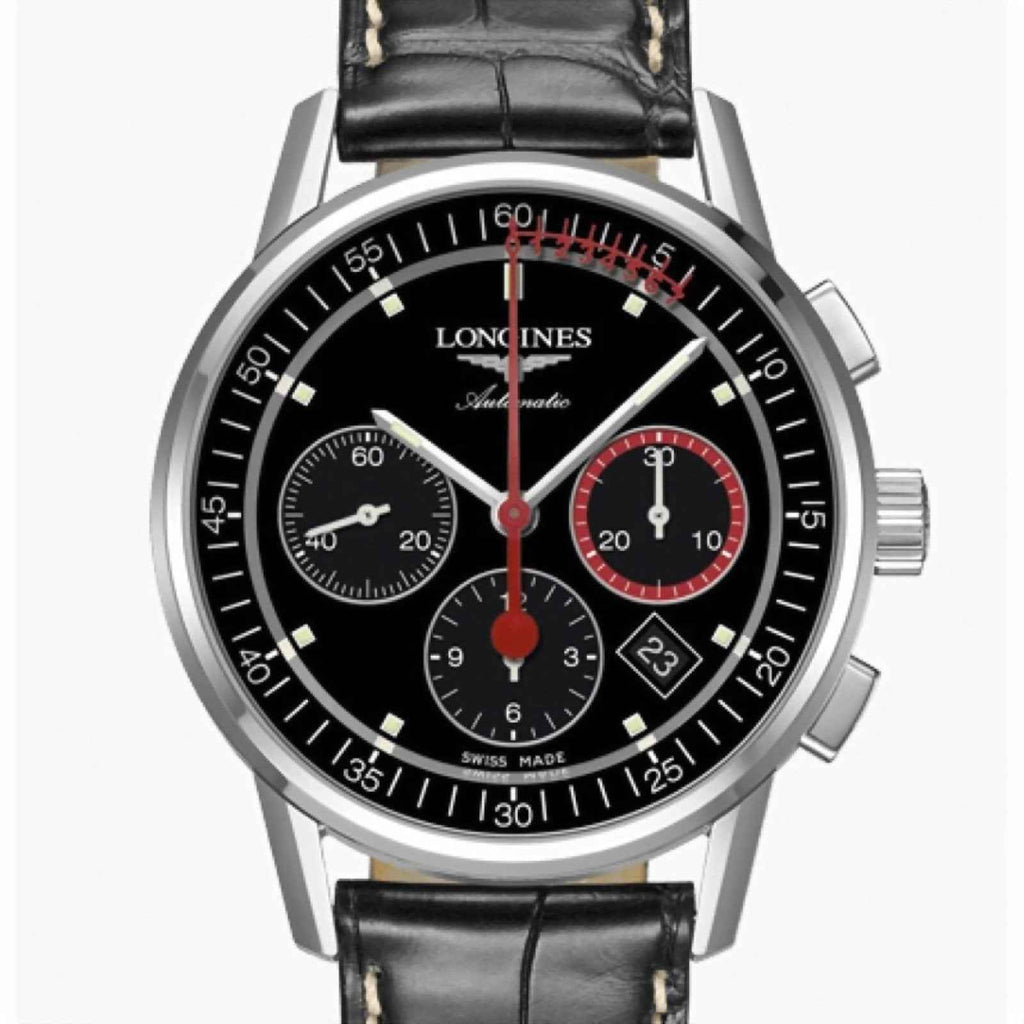 Orologio Longines cronografo: quadrante nero con contatori, lancette bianche e anello rosso