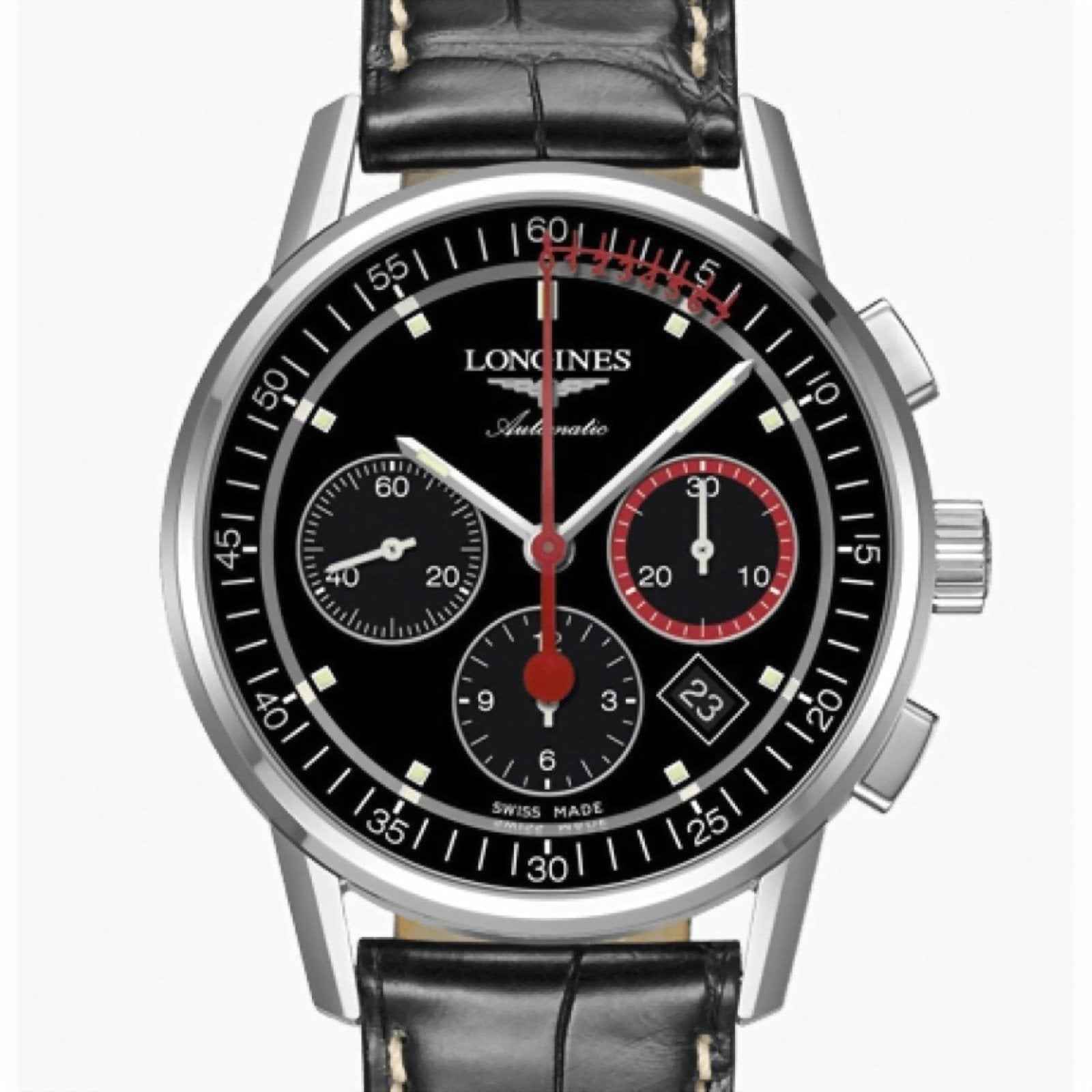 Orologio Longines cronografo: quadrante nero con contatori, lancette bianche e anello rosso
