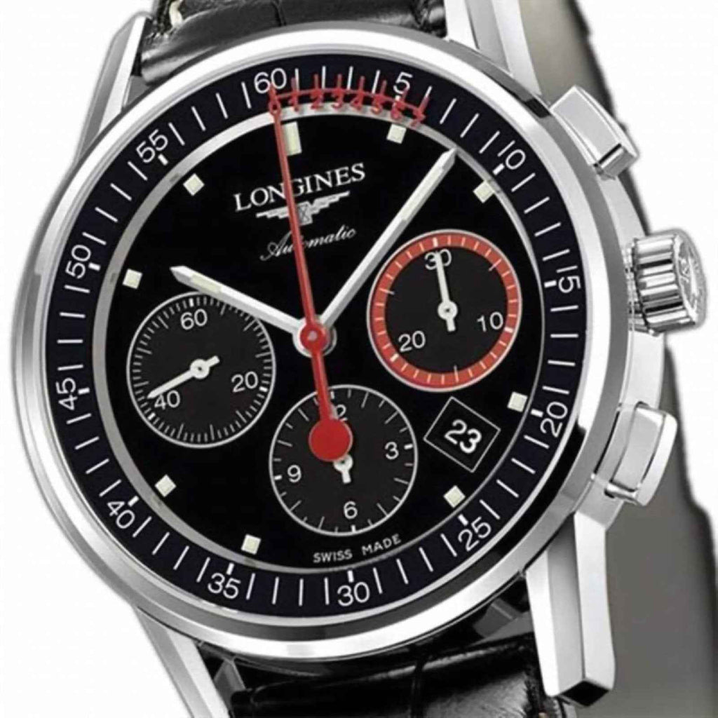 Orologio Longines con quadrante nero, contatori, anello rosso e data 23