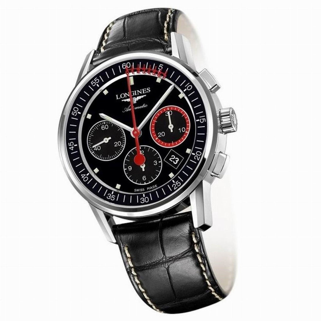 Orologio cronografo automatico 41mm con cinturino in pelle nera e cassa acciaio