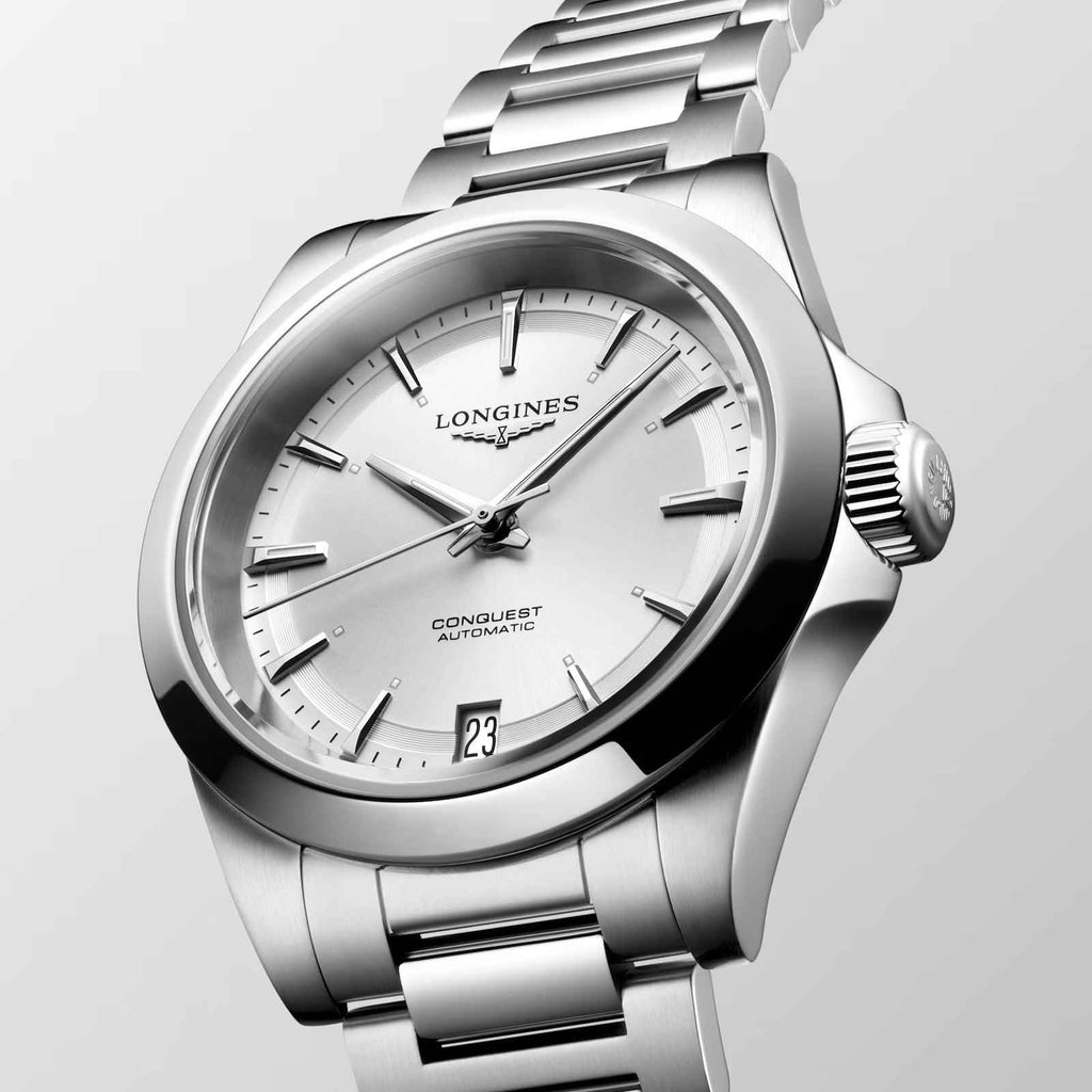 Orologio Longines Conquest 34 mm argento automatico, cassa e bracciale in acciaio