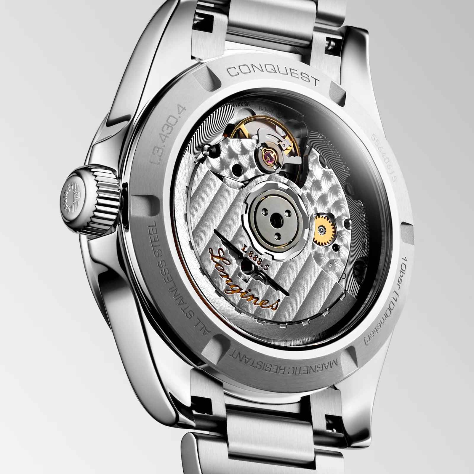Orologio Longines Conquest automatico 34 mm, fondello trasparente e meccanismo visibile